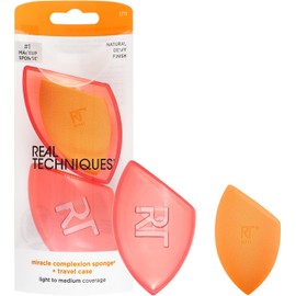 Real Techniques, Esponja Miracle Complexion con Estuche de Viaje, Esponja de Maquillaje Multifuncional 3 en 1 con Guarda Esponja, Tecnología de Espuma