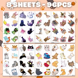 Cute Cat Cats Temporary Tattoos for Kids - Colorful Designs, 96 PCS - Perfect for Themed Birthday Party Supplies Decorations Favors Decor and Creative Play - Fun Stickers Gifts for Girls Boys Rewards