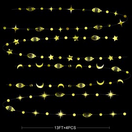 Gold Eid Mubarak Ramadan Decorations Hanging Star Moon Circle Dot Crescent Lamp Garland Streamer Backdrop Banner Decorations for Home Happy Ramadan Lesser Bairam Islam Muslim Wedding Birthday Party