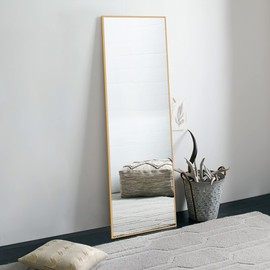 NeuType 59"x16" Full Length Mirror with Standing Holder Aluminum Alloy Frame Floor Mirror Wall-Mounted Mirror for Living Room, Bedroom, Hanging or Leaning Against Wall, Golden (with Stand)