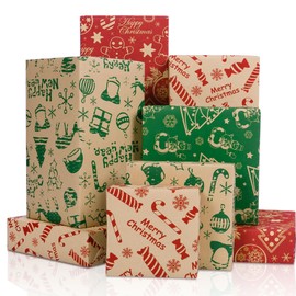Rancco Christmas Wrapping Paper, Kraft Paper w/Snowflake, Candy Cane, Christmas Tree Designs, Red and Green Gift Wrapping Paper for Holiday, Birthday, Wedding, Present Decoration, 4Pc, 27.5×19.7in