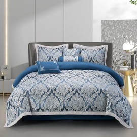 7-Piece Queen Size Comforter Set – Soft Jacquard Bedding with Comforter, Bedskirt, Shams & Decorative Cushions – All Season Elegant Bed Set – 90"x90" Comforter (Queen, Porter Navy)