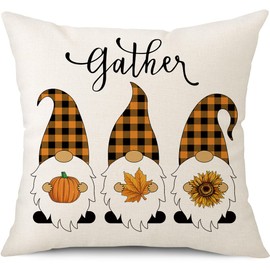JOTOM Fall Throw Pillow Covers 45x45cm Thanksgiving Plaid Gnome Pumpkin Cushion Cover 18x18 Inch Autumn Maple Leaf Sunflower Outdoor Decorative Pillowcase for Couch Sofa Farmhouse Decor (Check Dwarfs)