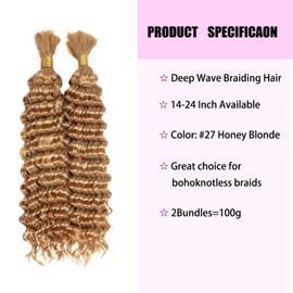 Kameinike Honey Blonde Deep Wave Bulk Human Hair for Boho Braids, 2 Bundles/Pack 100g No Weft 12A Curly for Human Braiding Hair Extensions（18 Inch，#27）
