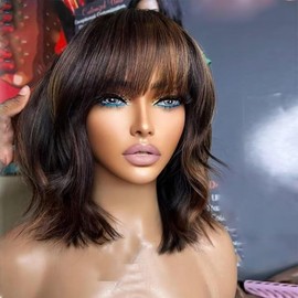 Natural Wavy Short Bob Human Hair Highlight Wigs with Bangs 1B/30 Ombre Brown Human Hair Glueless Bangs Wig Bleached Knots 13X4 HD Transparent Lace Front Wigs Brazilian Hair 150% Density 12Inch