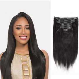 Anrosa Perm Yaki Hair Clip in Hair Extensions Human Hair Jet Black #1 Yaki Straight Clip ins Real Remy Natural Quality for Black Women Thick 18 Inch 120 Gram 7 Pieces