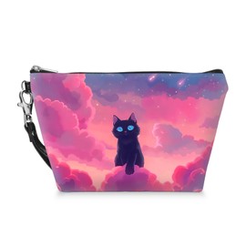 Tudguiloae Cosmetic Bag for Women, Small Makeup Bag for Purse, Water-resistant PU Leather Pouch with Pink Clouds Cat Pattern and Zipper, Ideal Gift for Girls for Daily Use and Travel