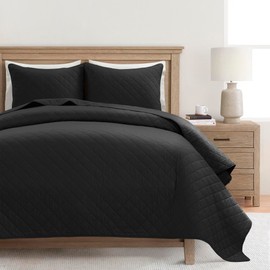 Lush Decor Ava Diamond Oversized Cotton Quilt Set, 3 Piece Set, Full/Queen, Black - Soft & Cozy Quilted Bedding Set - Queen Quilt - Black Bedspread - Traditional, Farmhouse & Minimalist Bedroom Decor