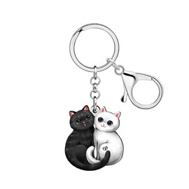 DUOWEI Cute White and Black Cat Kitten Pets Keychain Key Ring for Women Girls Mom Car Keys Wallet Cat Gifts Accessories Charm (Black)