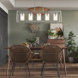 LIGOTFIRE Modern Chandeliers Rectangle Brushed Nickel 5 Light Dining Room Lighting Fixtures Hanging,Kitchen Island Cage Linear Pendant Farmhouse Ceiling Light with Clear Glass Shade Adjustable Rods