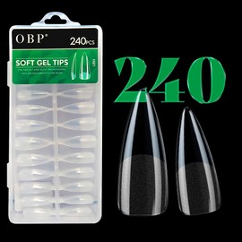 Tips Soft Gel: Uñas Postizas | Incluye 240 Piezas de Varios Tamaños | Uñas Soft Gel de Fácil y Rapida Aplicación | Uñas Profesionales y Duraderas | Uñas Profesionales | OBP (Transparente, En Punta LZ-03)
