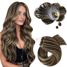 Moresoo Microlink Hair Extensions Human Hair Dark Brown Highlight Caramel Blonde Micro Beads Hair Extensions Human Hair Long Straight Micro Link Hair Extensions Human Hair 24inch 50G/50s