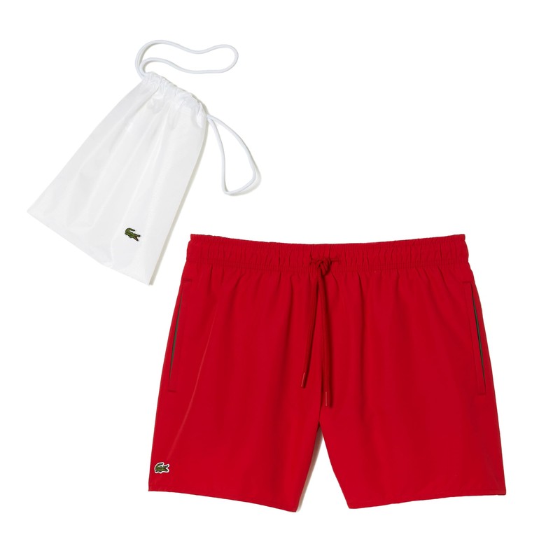 Lacoste Men's Standard Solid Elastic Waist Swim Trunks, Red/Green, Medium