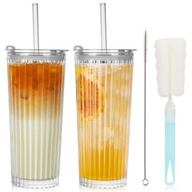 UHAPEER 18oz Ribbed Glass Tumbler with Lid and Straw Set of 2: Leak-Proof Drinking Glasses to Go, Reusable Iced Coffee Cups for Cold Drinks, Juice, Smoothie, Glass Cups with Stylish Ribbed Design