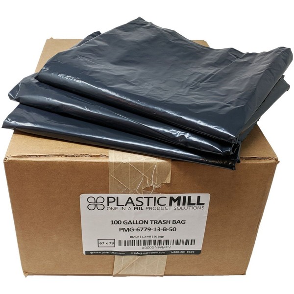 PlasticMill 100 Gallon Garbage Bags, Gang Folded: Black, 1.3 Mil, 67x79, 50 Bags.