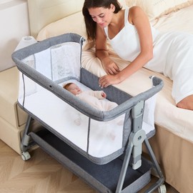 3-in-1 Baby Bassinet Bedside Sleeper with Wheels Bedside Bassinet for Newborn and Infant with Mattress and Storage Basket | Adjustable Height & Angle (13.5-18") | ASTM/CPSIA Certified (Grey)
