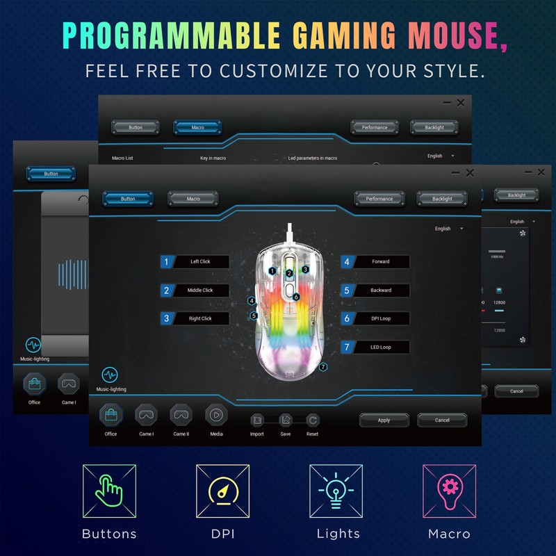 Wired Mouse Transparent Shell RGB Backlit Adjustable DPI Programmable Keys