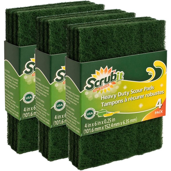 Scouring Pads - Heavy Duty Household Cleaning Scrubber with Non-Scratch Anti-Grease Technology - Reusable – Green - 4 Pack (X3) Total 12 Pads | by: Scrub-it