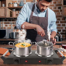 Electric Hot Plate, 2000W Countertop Double Burner with Adjustable Temperature & Handles, Stainless Steel Coil Electric Stove for Cooking Cooktop for Home Kitchen Dorm RV Camp, Black