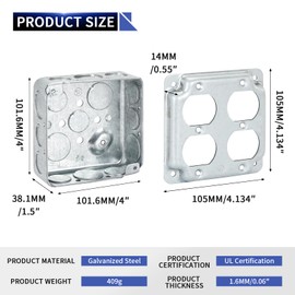 XGGYA Four Set of 4x4 Electrical Box and Electrical Outlet Cover With 4×6 screws,2-Gang Duplex Receptacle Box,8*1/2''&4*3/4"in Side and 2*1/2''& 2*3/4" in Bottom Knockouts,Square Metal Electrical Box