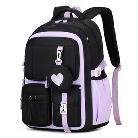 MOONBABY Girls Backpack, Kids Backpack for Girls, School bag for Primary Elementary Teenage, Middle School Students Bookbag, Kawaii School Backpack for Girls, Black and Purple