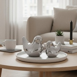 oliruim Ceramic Silver Birds Decor Figurines 2-Piece Set - Minimalist Bird Decor for Living Room Table, Floating Shelf, Bathroom Knick Knacks, Gifts for Animal Lovers (Silver, 3.7" H)