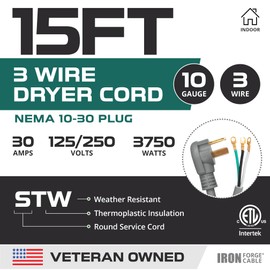 Iron Forge Cable 3 Prong Dryer Extension Cord 15 Ft, 220V Extension Cord NEMA 10-30 Plug STW, 10/3 Long Dryer Cable 3 Prong Flat Head, 30 Amp Power Cord 3 Wire 15 Foot - Gray, US Veteran Owned Brand