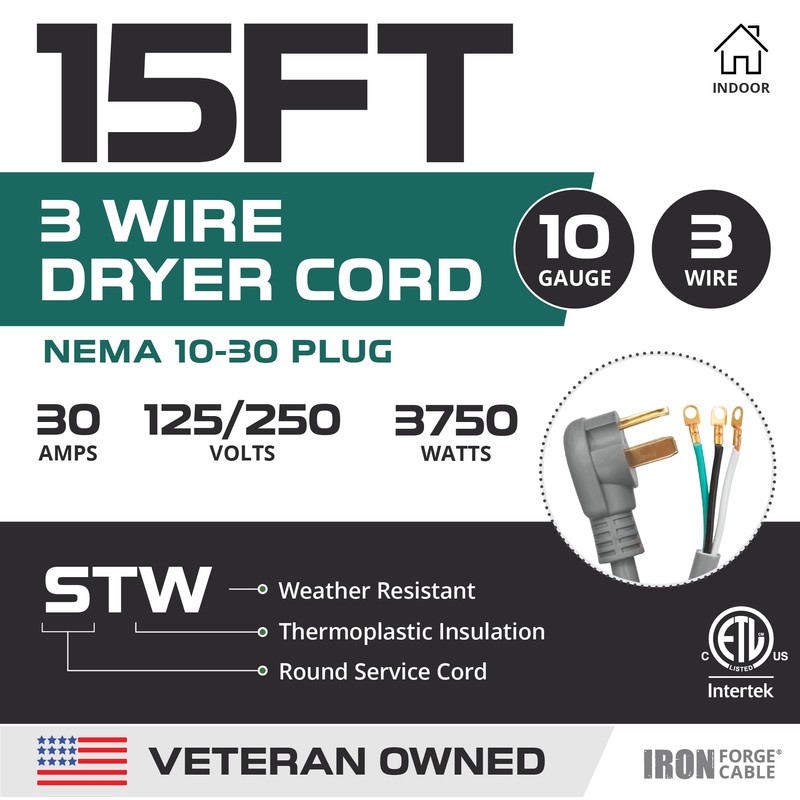 Iron Forge Cable 3 Prong Dryer Cord, 15 Ft -