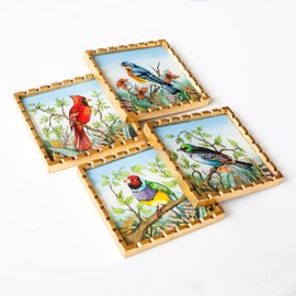 Birds assorted coaster Set of 4 for Drinks | Peruvian Hand-Painted Glass coaster 4.3x4.3in with gold leaf frame | housewarming gifts (Gold frame)