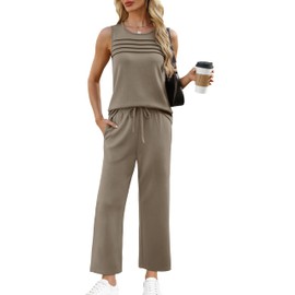 WIHOLL Two Piece Outfits for Women 2025 Dressy Lounge Sets Wide Leg Pants 2 Piece Summer Outfits Round Neck Sleeveless Tops Matching Sets Travel Outfits Coffee L