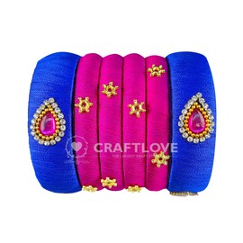 GOELX Silk Thread Bangles Blue & Pink Floral Set Designer Bangles (Blue & Pink, 2.8)
