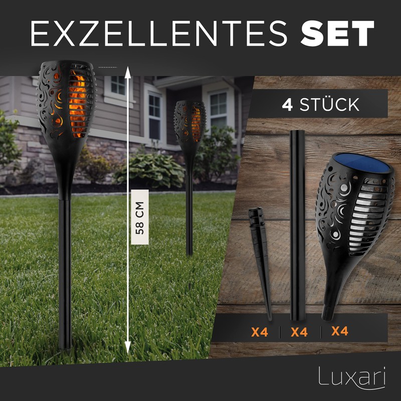 Luxari Garden Torch Solar - 4 x Realistic Solar Torches