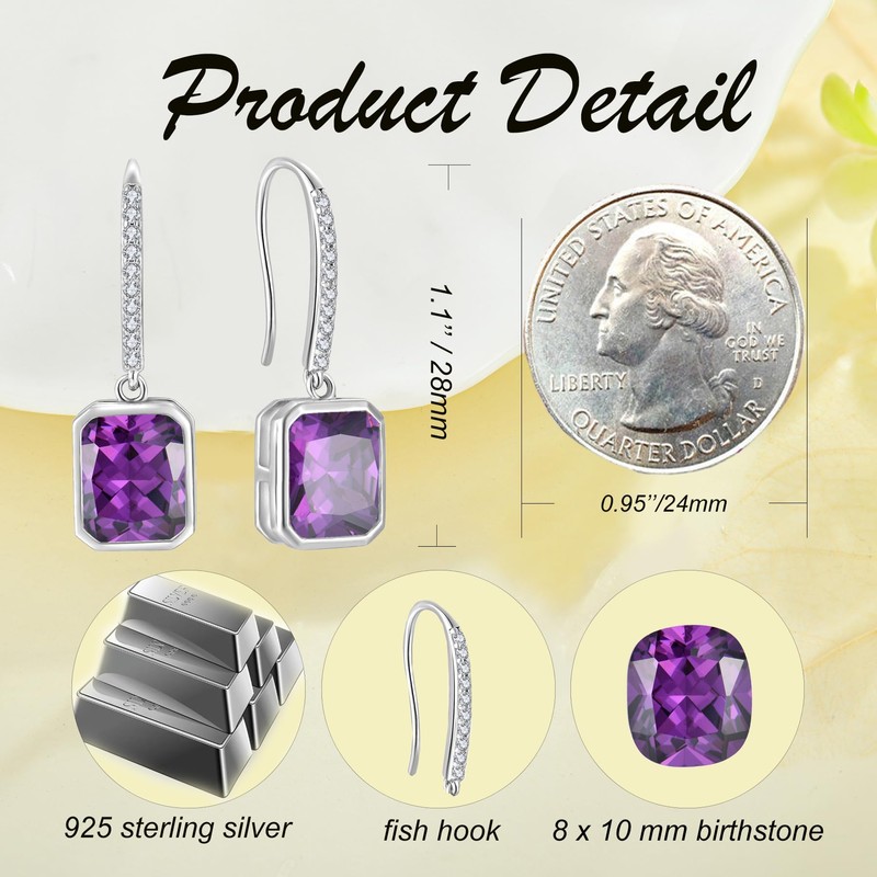 CARICY 925 Sterling Silver Baguette Earring for Her Rectangular Birthstone