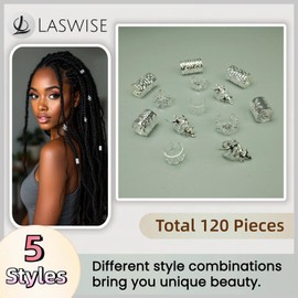 120 Pcs Silver Hair Jewelry Kit for Braids and Dreadlocks, 5 Styles Hair Clips Rings and Accessories, Loc Jewels Braid Decorations for Women