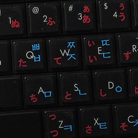 KOREAN - JAPANESE HIRAGANA KEYBOARD LABELS ON TRANSPARENT BACKGROUND with RED & BLUE LETTERING (14X14)
