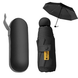 Paraguas de Bolsillo para Lluvia y Solar UV, Paraguas de Bolsillo Reforzado Ocho Huesos y Cinco Pliegues, Mini Paraguas Plegable Ligero Portátil con Caja de Almacenamiento, Mujer Hombre Viaje Negro