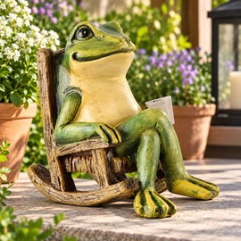 Solar Frog Garden Statue with LED Light – Resin Frog on Rocking Chair Outdoor Decoration for Patio, Balcony, Lawn and Garden