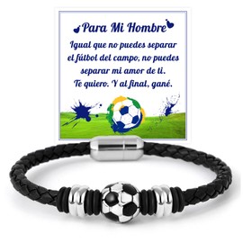 FANCIBAND Gift for Him Football Men's Leather Bracelet Football Gift for Husband Boyfriend Soul Twin Anniversary Birthday Stainless Steel Without Stone, Stainless Steel, without stone