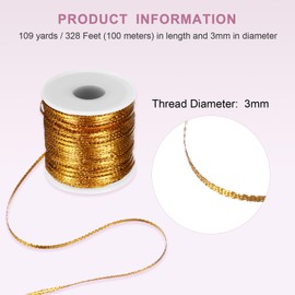 sourcing map Metallic Cord 3mm 109 Yards Metallic Ornament String Durable Tinsel Rope Thread for Crafts Gift Wrapping Christmas Decoration Hanging Tags Sewing Gift Decoration, Gold