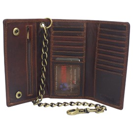 CAZORO Bikers RFID safe Cow Leather Crazy Horse Brown Long Checkbook Trifold Chain Wallet for Men Vintage Texture style