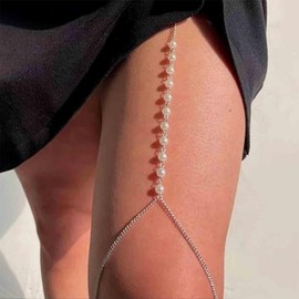 Aneneiceera Vintage Layered Pearl Leg Chain Silver Thigh Leg Chain Pearl Tassel Thigh Chain Long Leg Thigh Chain Boho Body Chain Rave Thigh Body Chain Jewelry for Women and Girls