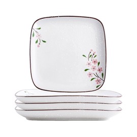 DealbyBox Ceramic Square Dinner Plates, 8 Inch Square Serving Plate for Steak, Pasta, Salad, Snacks, Dessert, Appetizer Plates (4Pack, Pink Sakura)