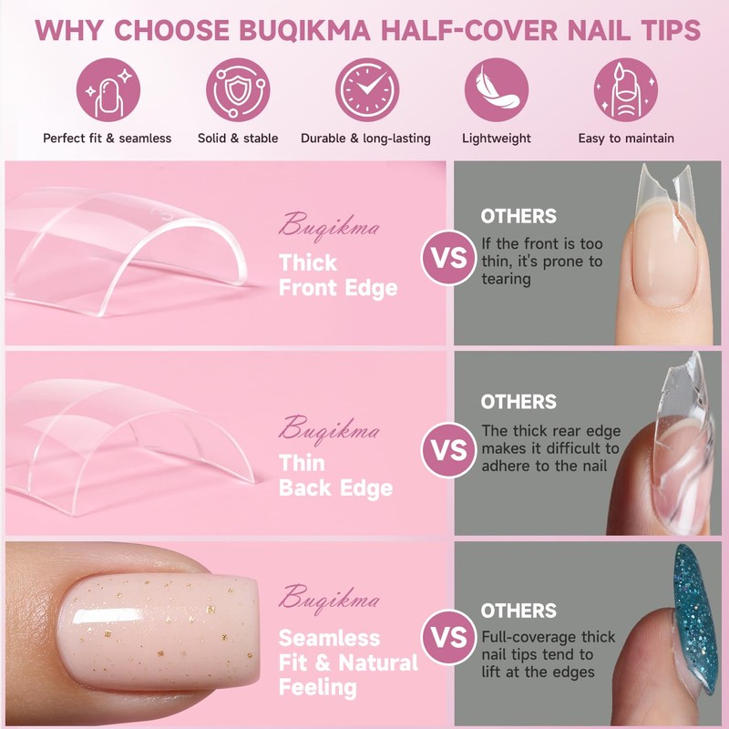 Buqikma 500PCS Short Nail Tips for Acrylic Nails - Clear