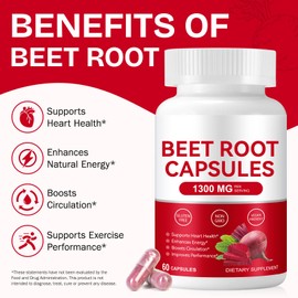 Beet Root Capsules 1300mg, Natural Energy & Endurance Support, Non-GMO - 60 Capsules, Beetroot Supplement Powder | 30-Day Supply | Pure Beet Energy Booster | Vegan Friendly