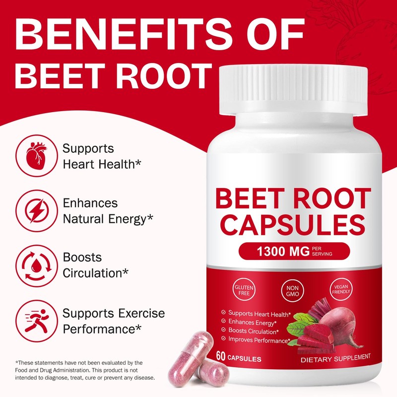 Beet Root Capsules 1300mg, Natural Energy & Endurance Support, Non-GMO