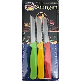 Kitchen Pride MADE IN SOLINGEN GERMANY STAINLESS STEEL KNIFE SET -PACK OF 3 (ORANGE, YELLOW, LIME) -3.35" ULTRA SHARP SERRATED BLADE -IDEAL FOR KITCHEN/GENERAL USE, BREADS AND PRECISION FOOD CUTTING