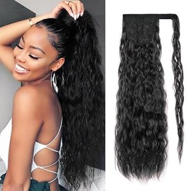 Ponytail Curly Wave Human Hair Clip in Hair Extension Curly Wave Natural Black 100% Brazilian Human Hair Ponytails Afro for Black Women Ponytail (Curly, 16 inch)