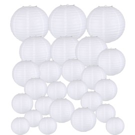 Paper Lantern, Pack of 30 Lanterns, White Paper Lantern, Hanging Round Paper Lanterns for Weddings, Birthdays, Celebrations, Garden Decoration (Various Sizes from 10 cm, 15 cm, 20 cm, 25 cm, 30 cm)