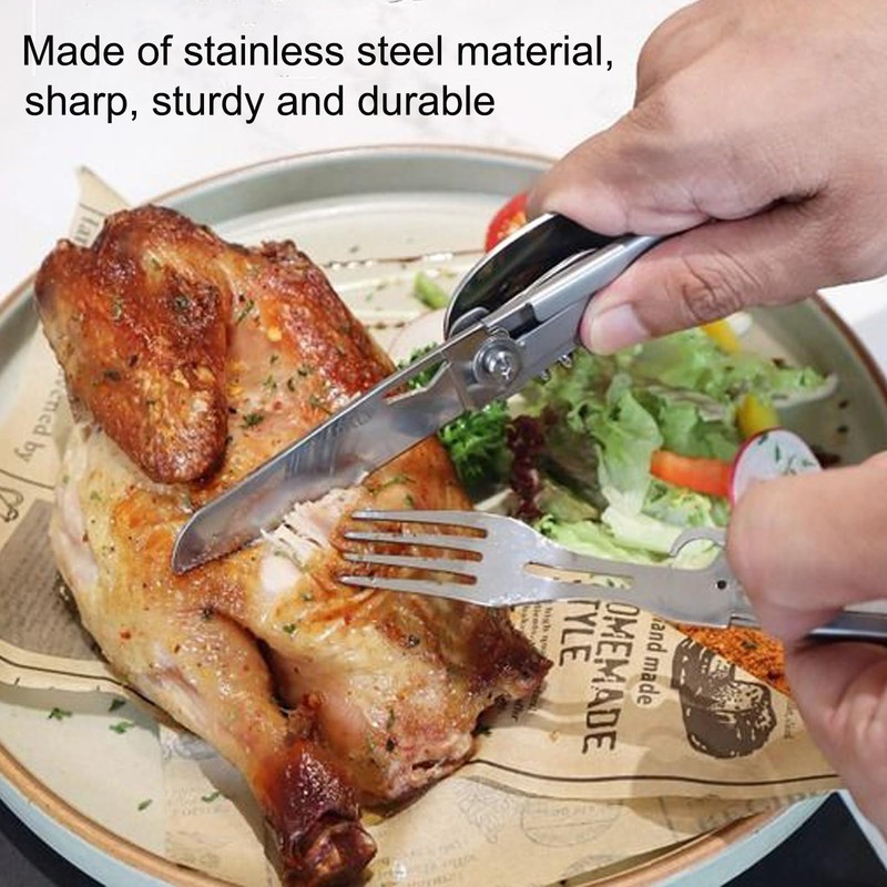 6-in-1 Detachable Camping Utensil, Stainless Steel Cutlery Folding Spoon, Fork,