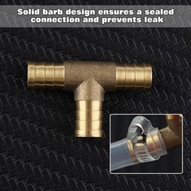 LEONTOOL 2 Pcs Brass Barb Tee Fitting 1/2"(12mm) ID Hose Pipe Fitting T-Shaped with 6 Pcs Stainless Steel Pipe Clamps, 3 Ways Hose Barb Reducer for Water Fuel Gas Air Oil